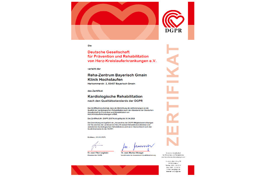 Zertifikat Kardiologische Rehabilitation von DGPR Zertifikat Kardiologische Rehabilitation von DGPR